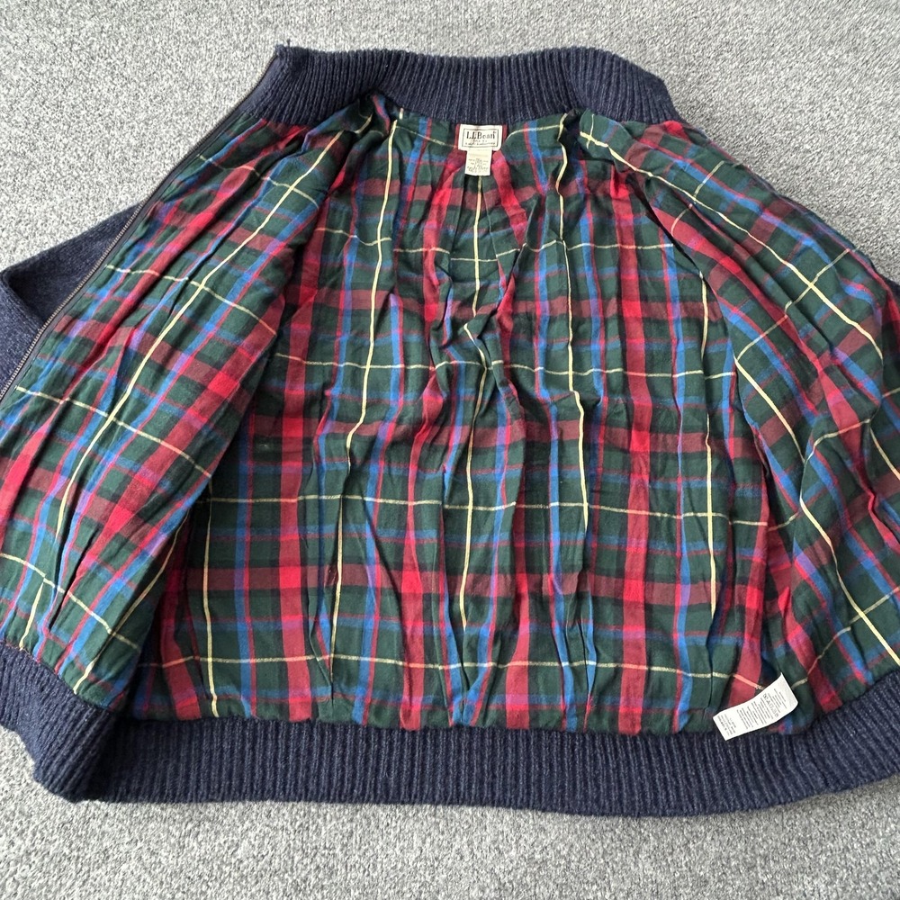 LL Bean Sweater Jacket Mens Large Blue Lambswool Full Zip Plaid Lined Cardigan - Picture 9 of 13